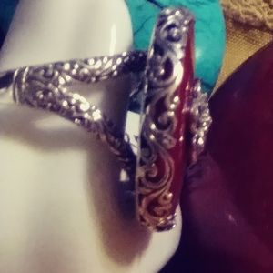 RICH, RED CORAL 1" IN- DIAMETER- LARGE ROUND STERLING, FLOWER MOTIF, RING. SZ 6